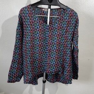 FLAX 100% Linen Top Small Geometric Print High Low Hem Long Sleeve Lagenlook